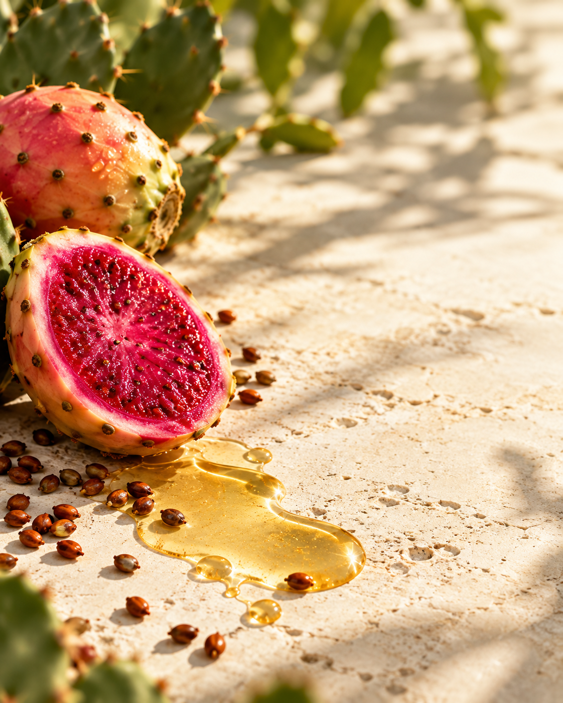 Fresh prickly pear fruit and seeds with golden cactus seed oil on natural stone